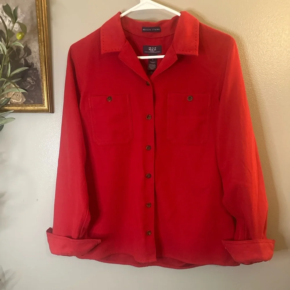 Crazy Horse Liz Claiborne Red Button Front Top M Stain Resistant Western Boho - Picture 2 of 6
